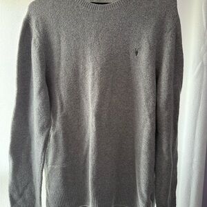 AllSaints Men's Heather Gray Crewneck Sweater with Subtle Logo